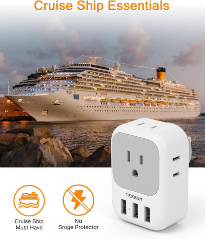 USB Charger Block with 3 USB Ports & 4 Outlet Splitter – Multi-Plug Wall Adapter for Travel, Office, Cruise, Dorm Essentials