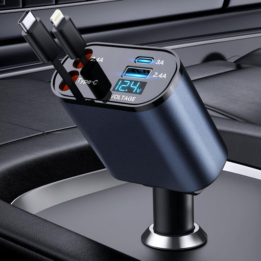 Revolutionary 4-in-1 Retractable Car Charger - 66W Fast Charging for iPhone & Galaxy!