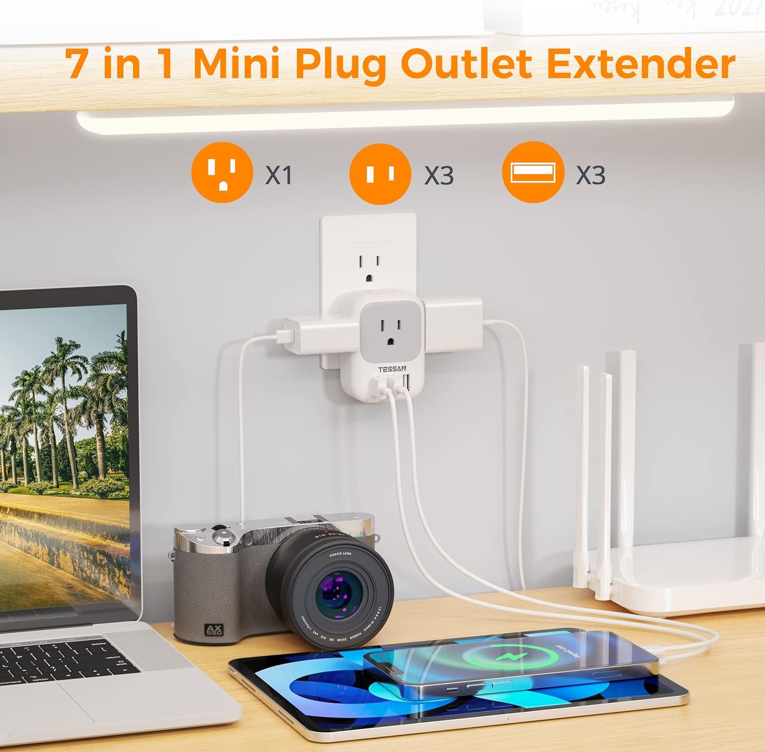 USB Charger Block with 3 USB Ports & 4 Outlet Splitter – Multi-Plug Wall Adapter for Travel, Office, Cruise, Dorm Essentials